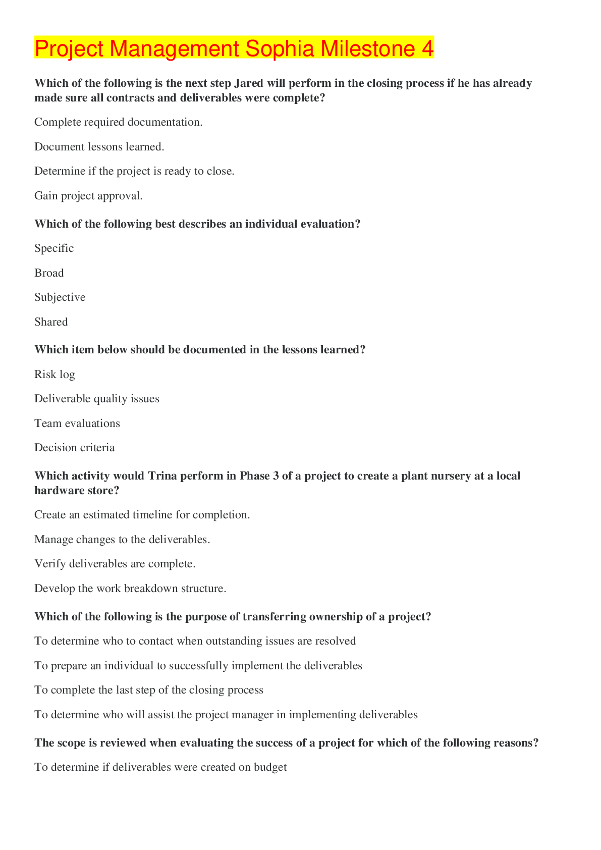 Preview image of Project Management Sophia Milestone 4,100% CORRECT document