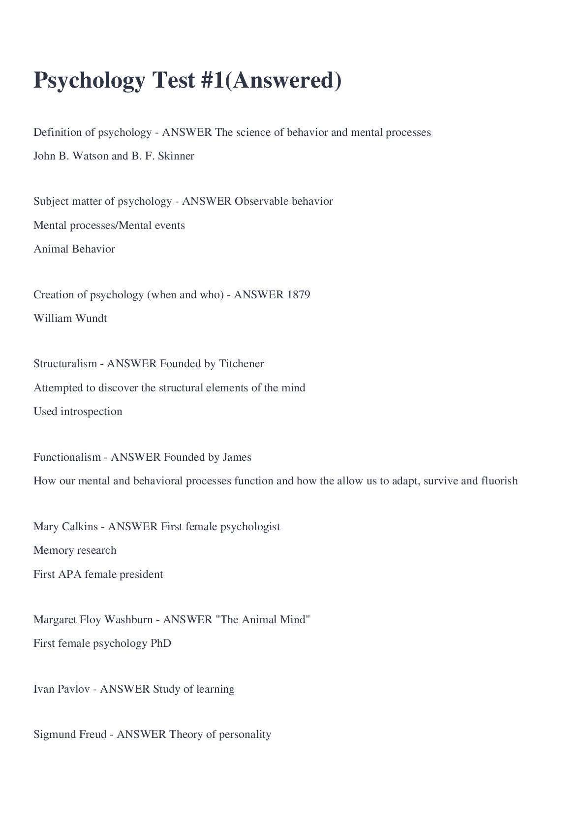 Preview image for Psychology Test #1(Answered)