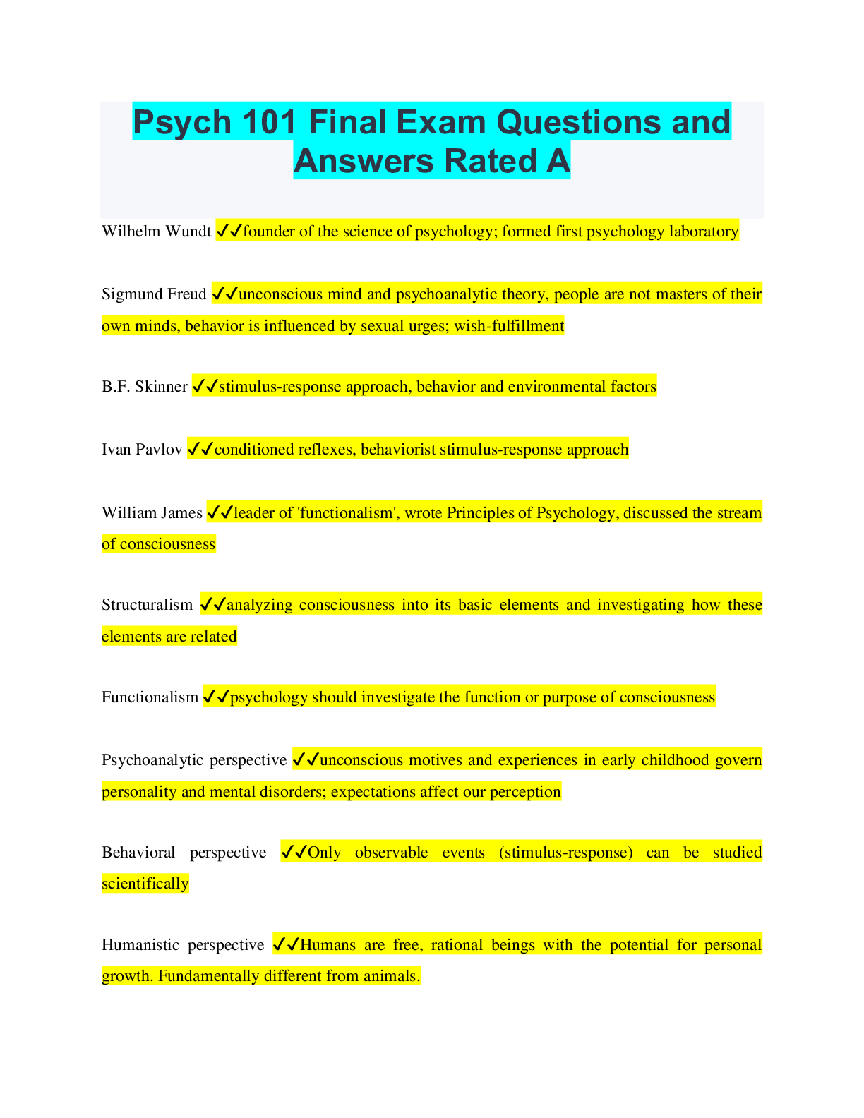 Psych 101 Final Exam Questions and Answers Rated A - Scholarfriends