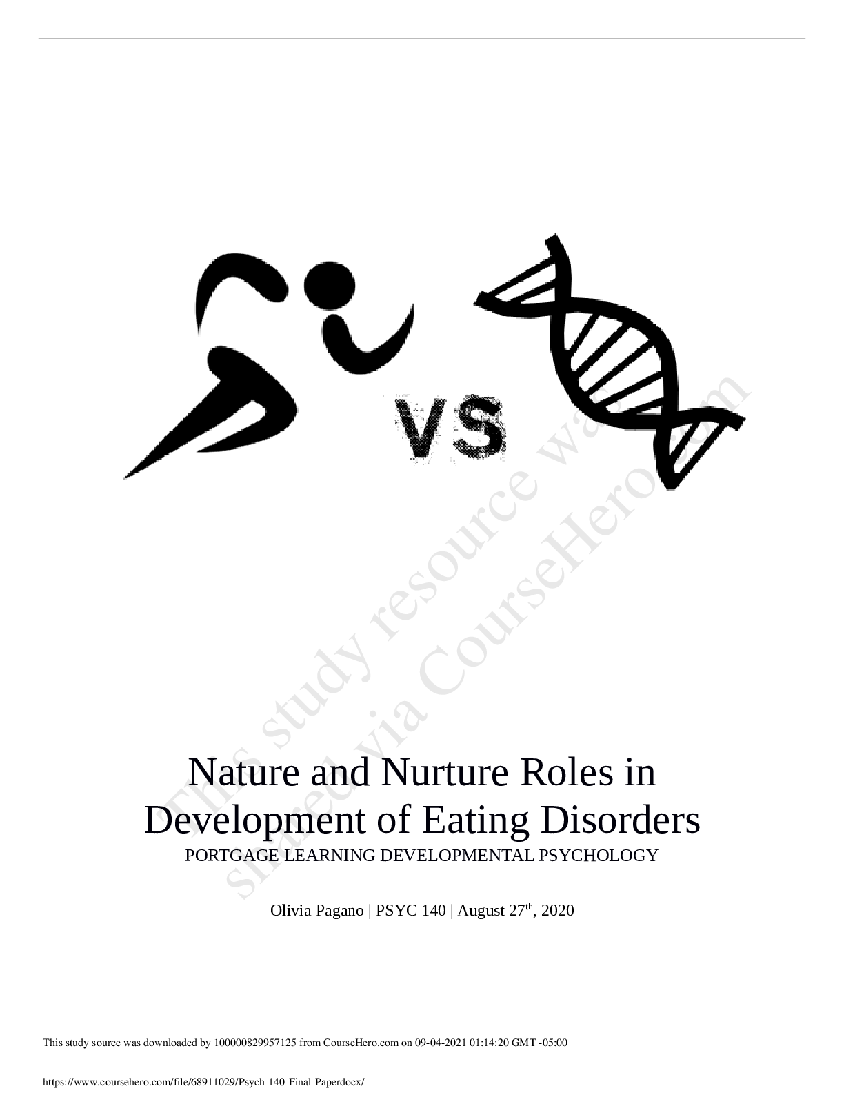Preview of PSYC 140 Final Paper Nature vs Nurture in Eating Disorders