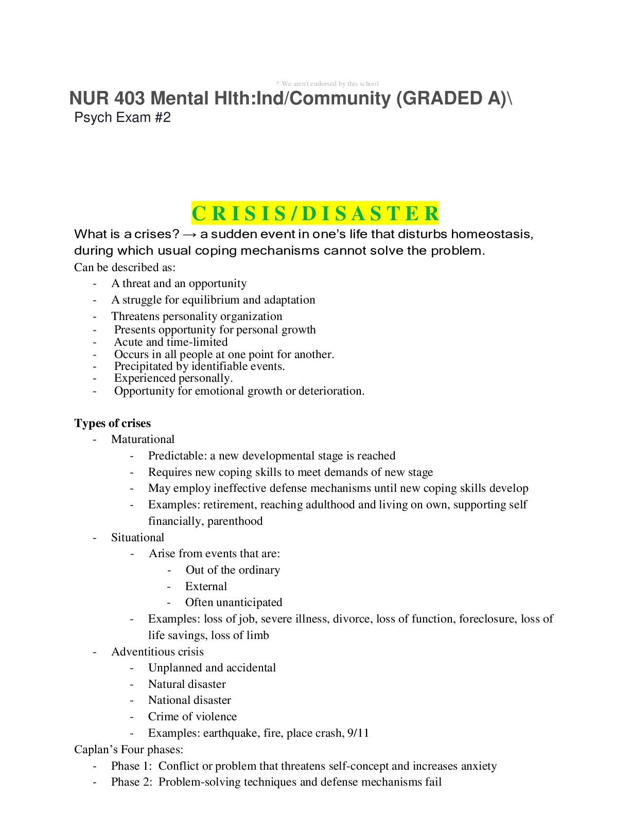 Preview of NUR 403 Mental Hlth:Ind/Community (GRADED A)\  Psych Exam #2 | Score 140 points.