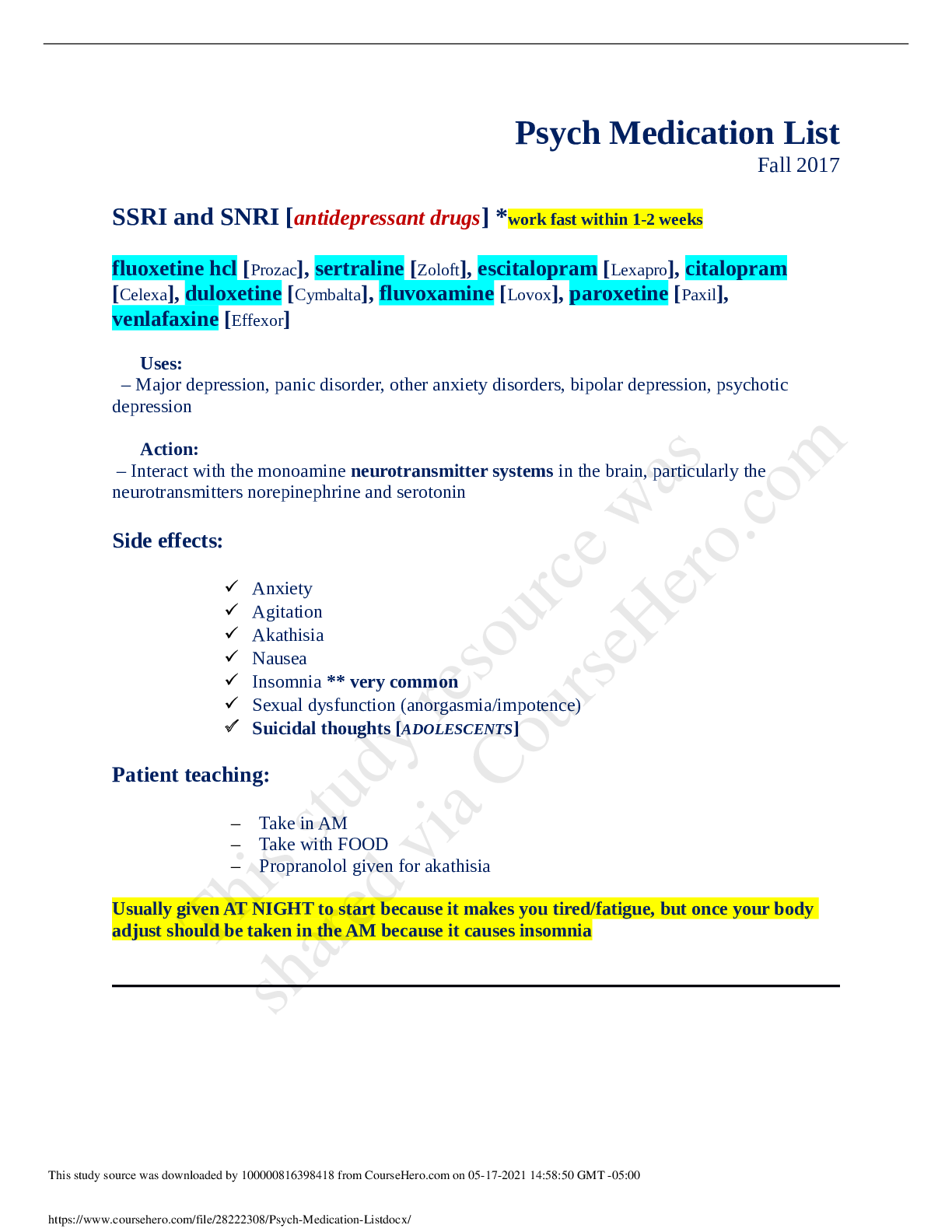 Preview image of Psych Medication List document