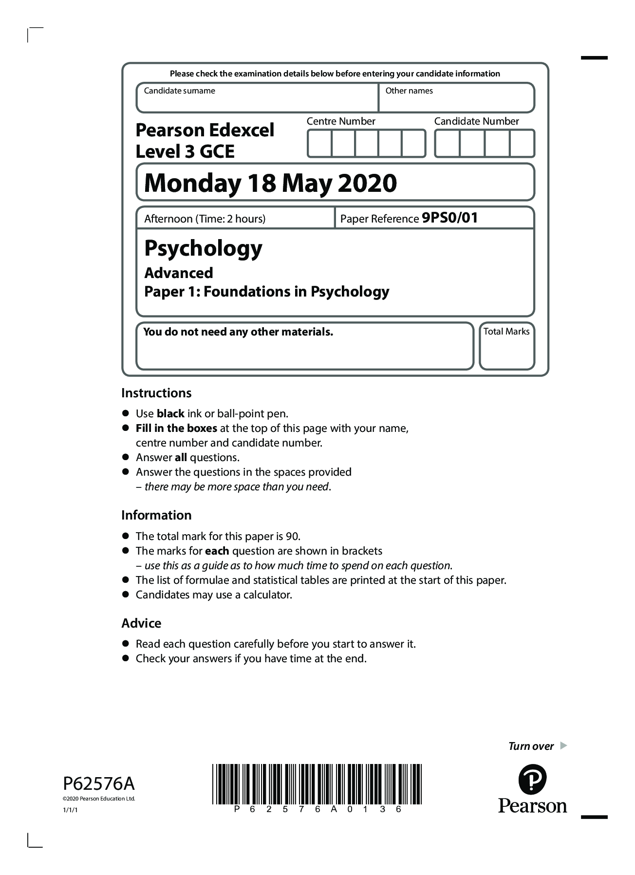 Pearson Edexcel_Psychology_9PS0/01 Question Paper & Mark Scheme_2020 ...