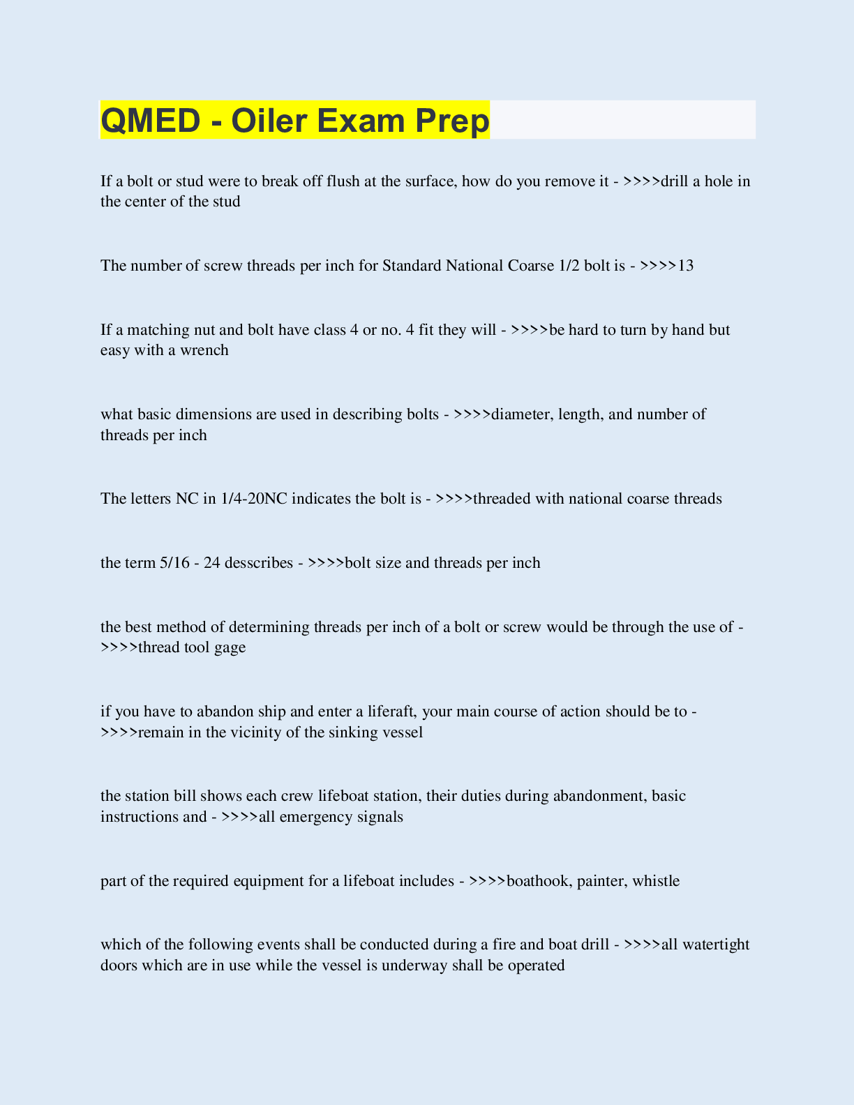Preview image for QMED - Oiler Exam Prep  | 270 Questions with 100% Correct Answers | Updated & Verified | 24 Pages