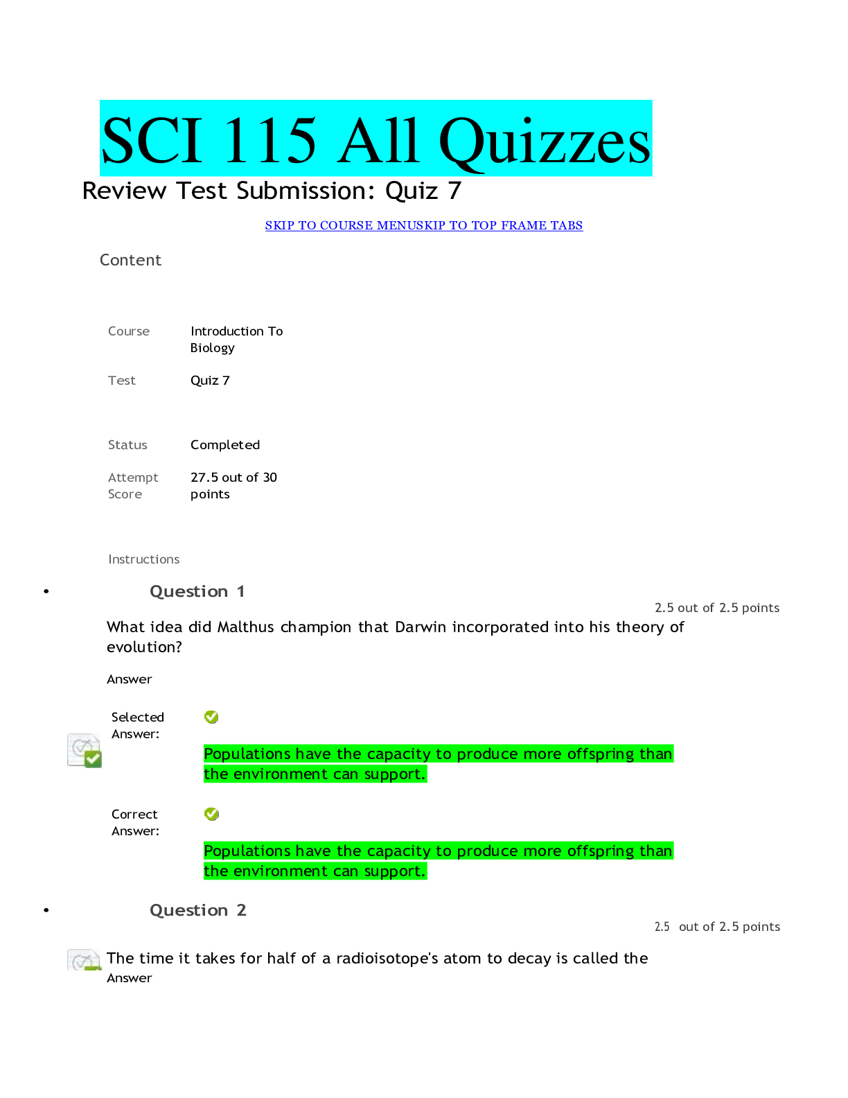 Preview image for SCI 115 Intro of Biology all Quizzes_questions and answers