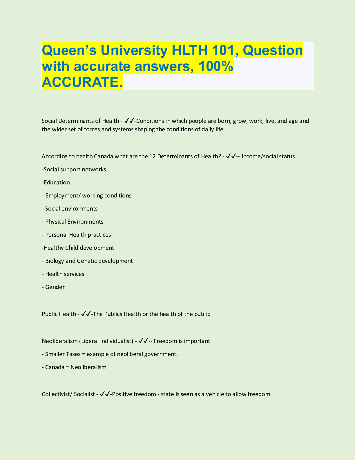 Preview image for Queen’s University HLTH 101, Question with accurate answers, 100%  ACCURATE.