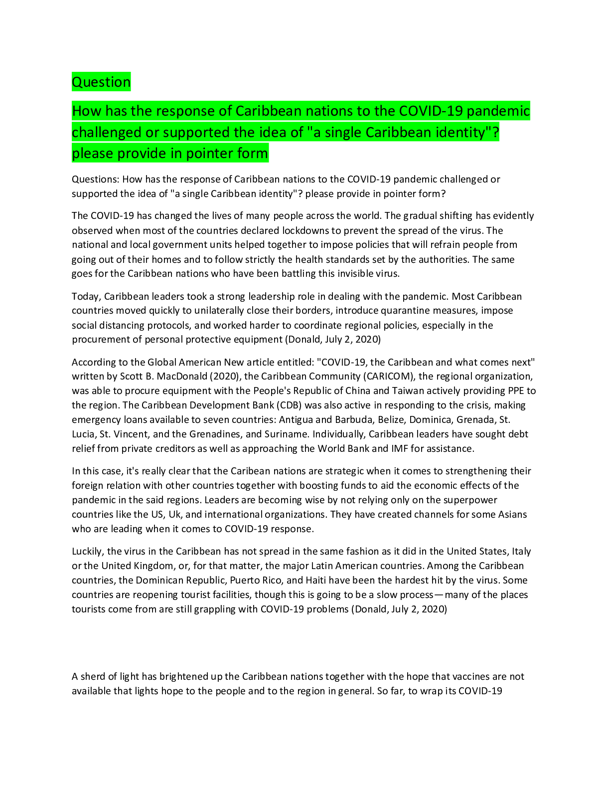Preview of How has the response of Caribbean nations to the COVID-19 pandemic challenged or supported