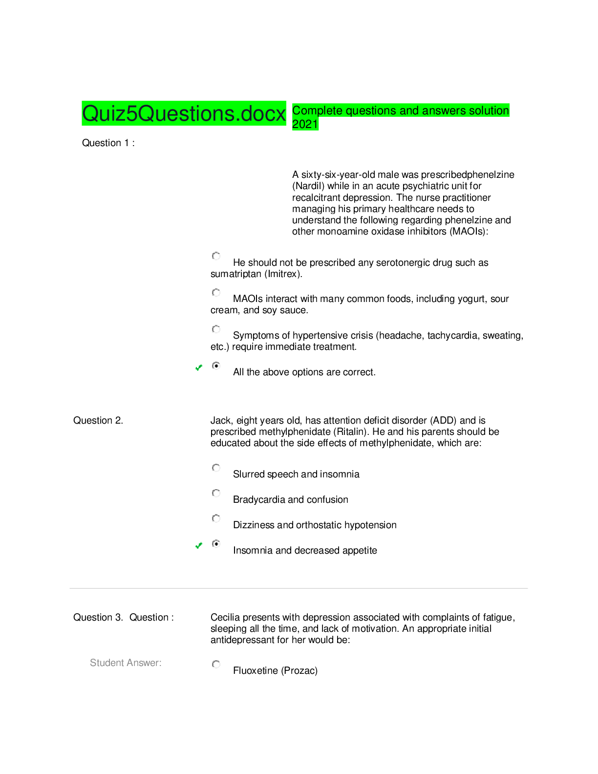 Preview image of TEST Quiz 5 .docx Complete questions and answers solution 2021 document