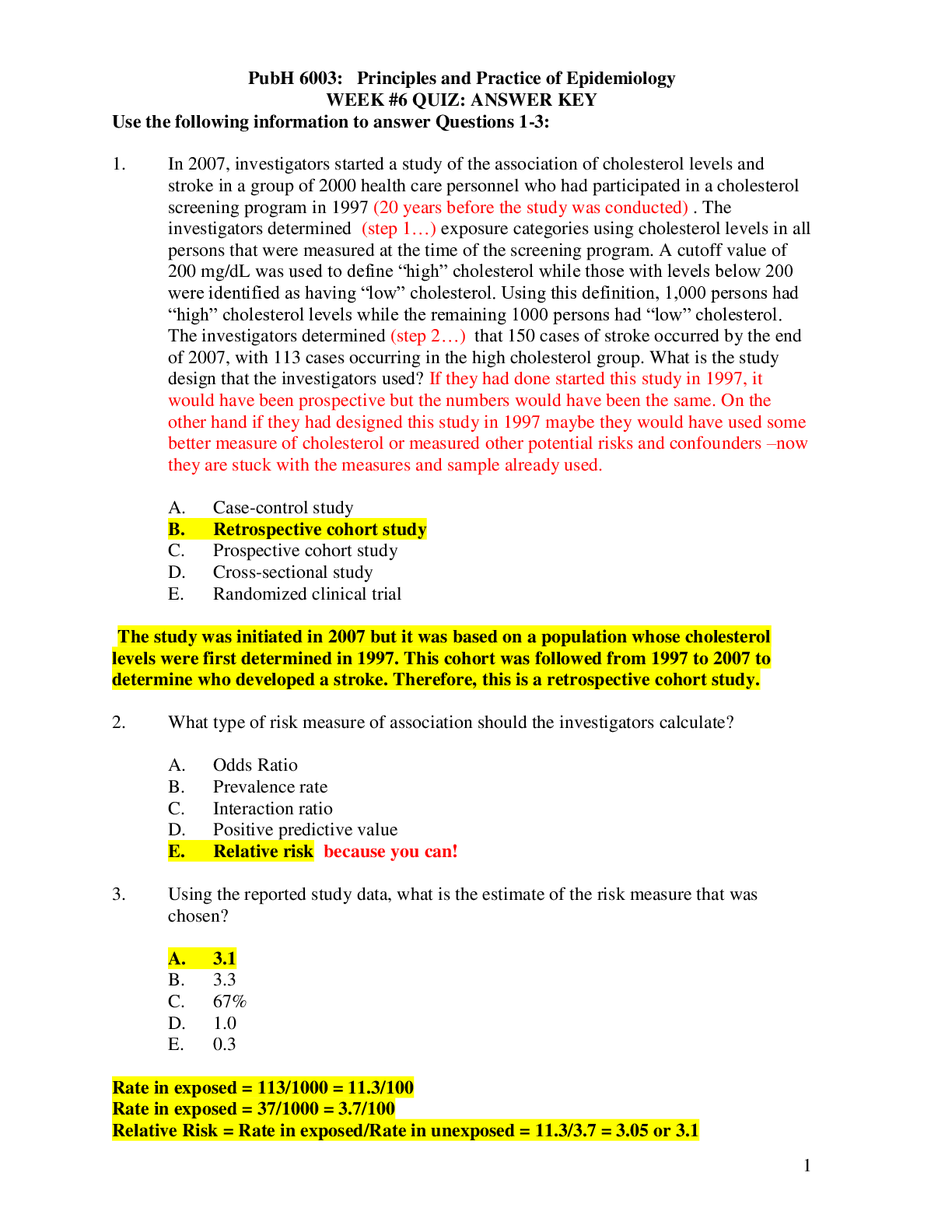 Preview of Questions and Answers > PubH 6003: Principles and Practice of Epidemiology WEEK #6 QUIZ: A