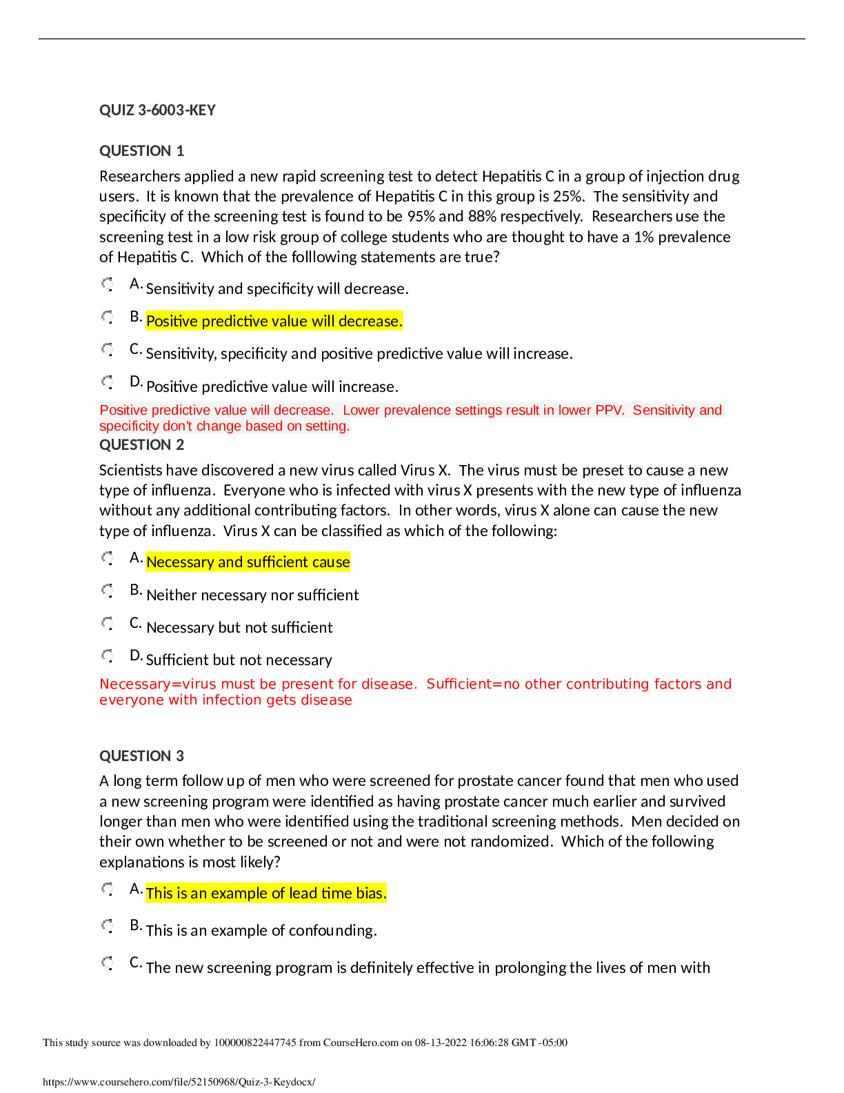 Preview of George Washington University PUBH 6003 Prin & Practice/Epidemiology Quiz 3 Key