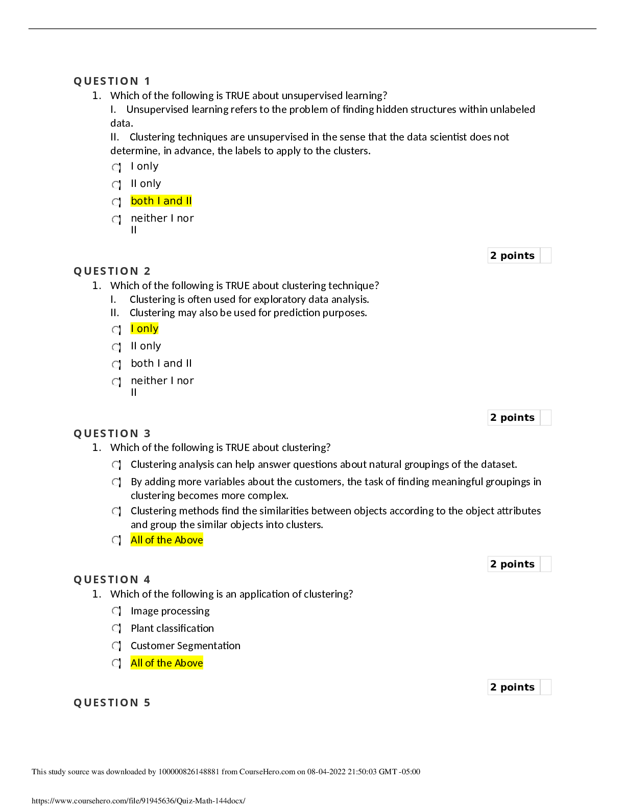 Preview image of MATH 144 Quiz Math 144. 12 Q&A document