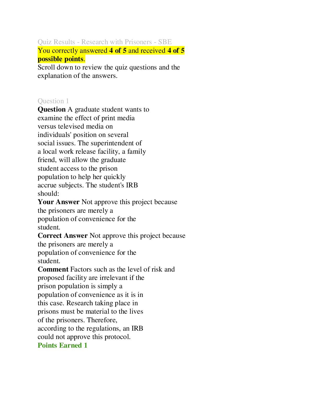 Preview image of HLTH 511 Quiz Results - Research with Prisoners - SBE - Copy document