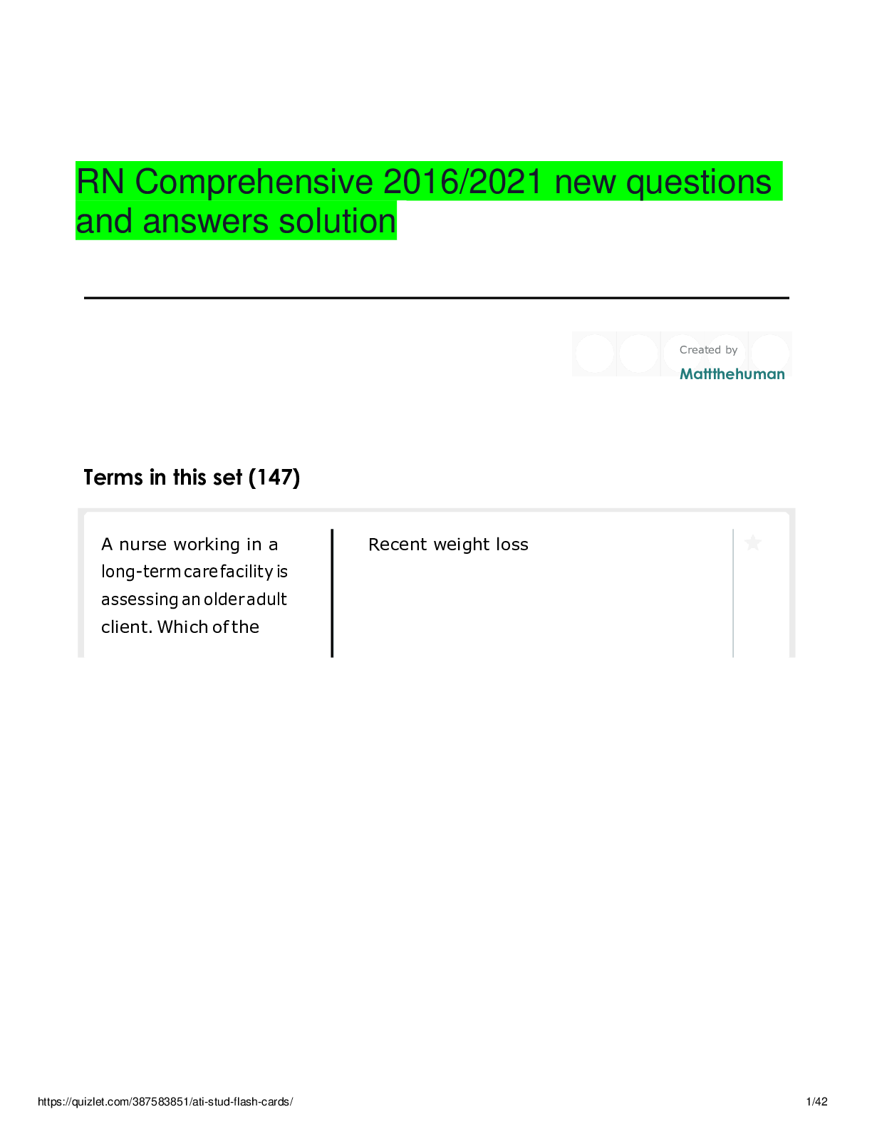 Preview image of RN Comprehensive 2016/2021 new questions and answers solution document