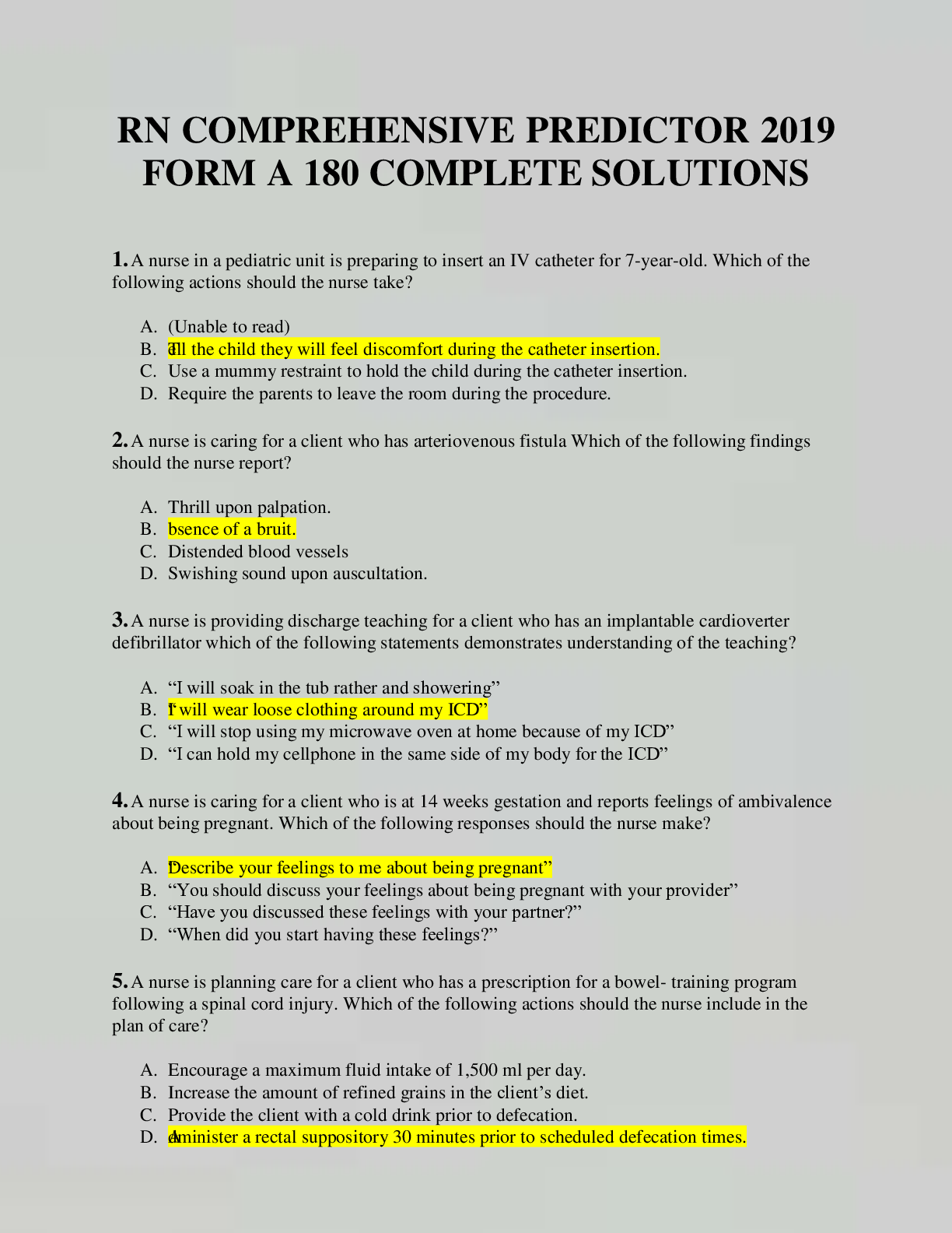 Preview image of RN COMPREHENSIVE PREDICTOR 2019 FORM A 180 COMPLETE SOLUTIONS document