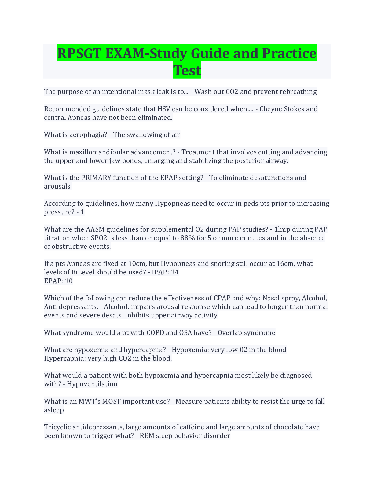 NEW RPSGT EXAM- Study Guide and Practice Test Latest Update Graded A ...