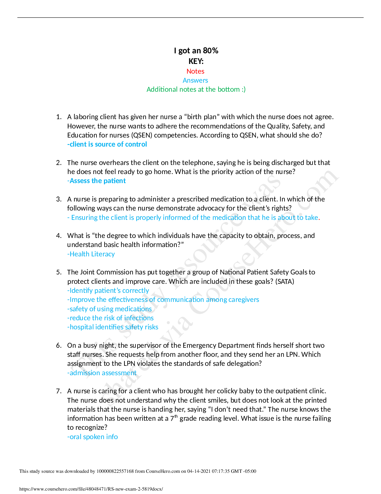 Preview image for Rasmussen College - NRSNG NUR2868 RS new exam 2 study guide