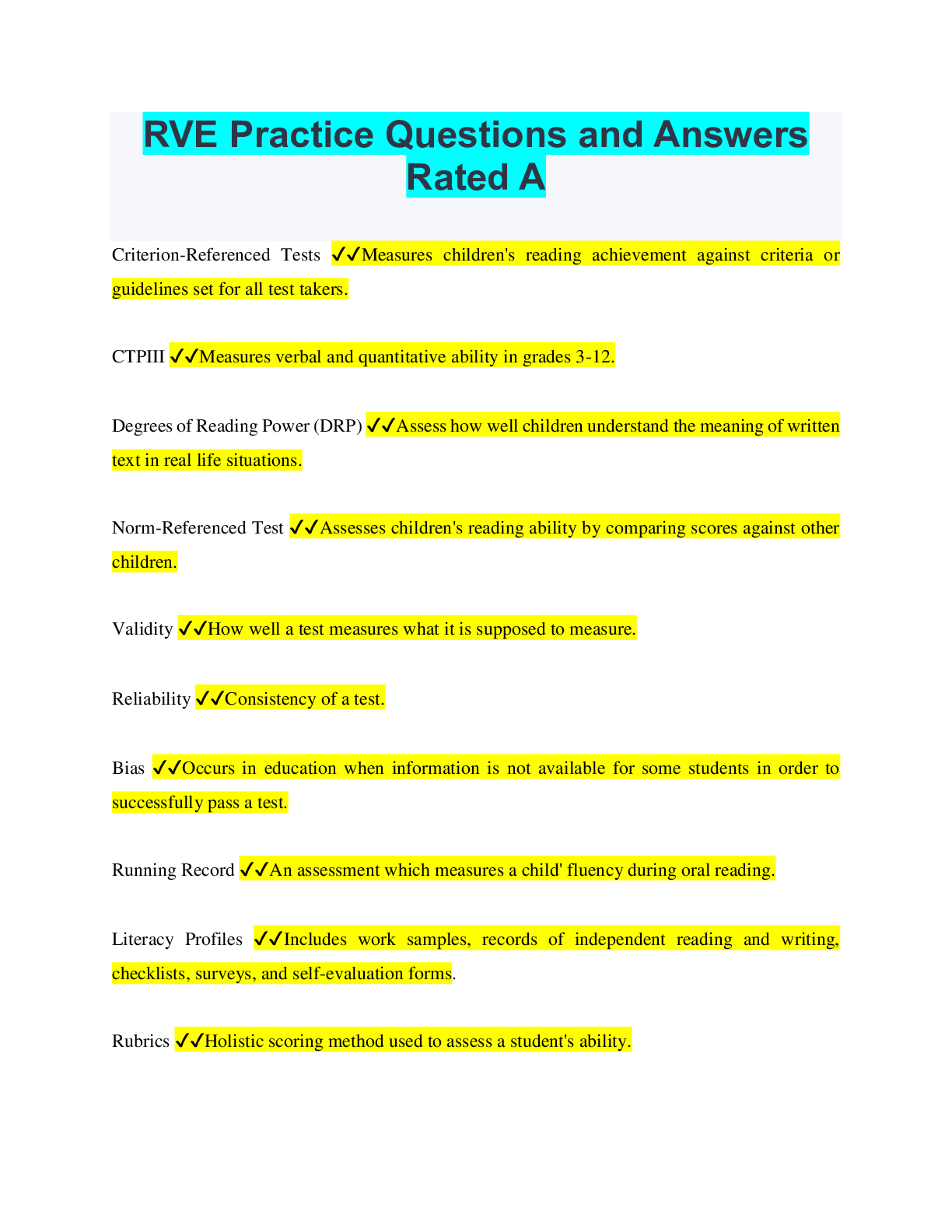 RVE Practice Questions and Answers Rated A+ 2022/2023 latest update ...