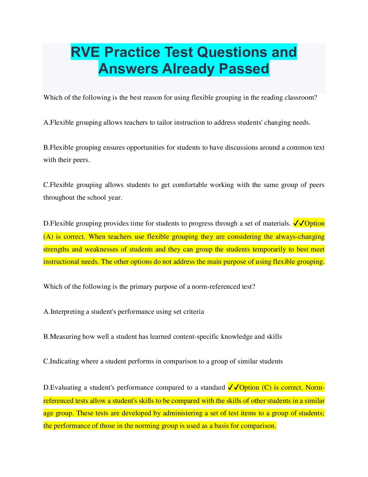 RVE Practice Test Questions and Answers Already Passed | ScholarFriends