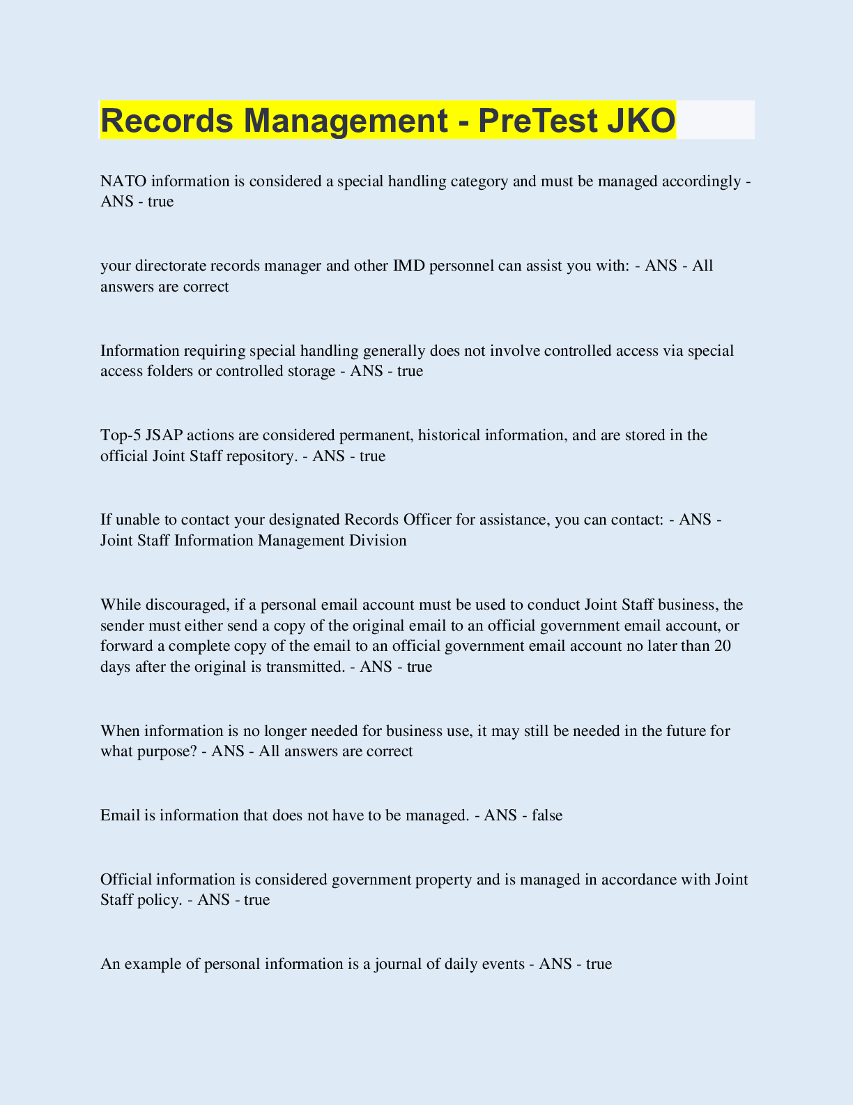 Records Management - PreTest JKO | with COMPLETE SOLUTION | ScholarFriends