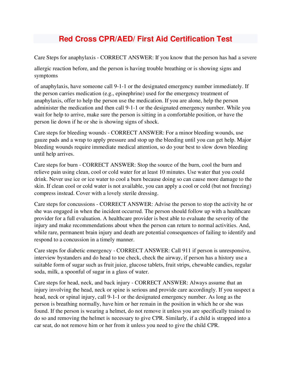 Red Cross CPR/AED/ First Aid Certification Test - Scholarfriends