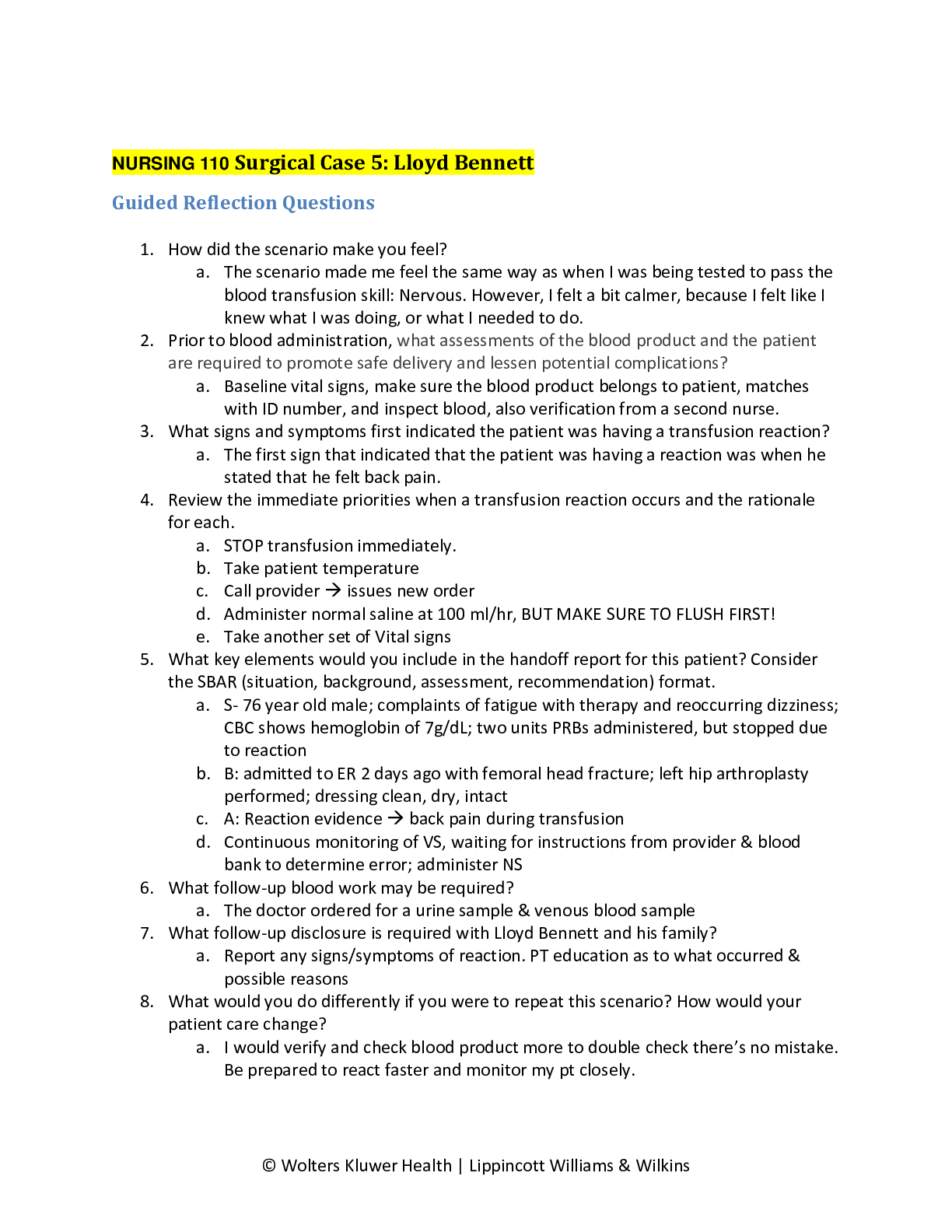 Preview image of NURSING 110 Reflection Questions Lloyd Bennett document