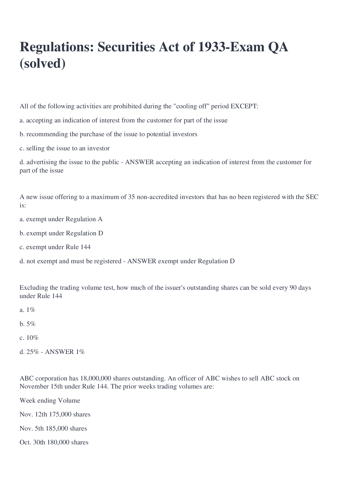 Preview of Regulations: Securities Act of 1933-Exam QA (solved)