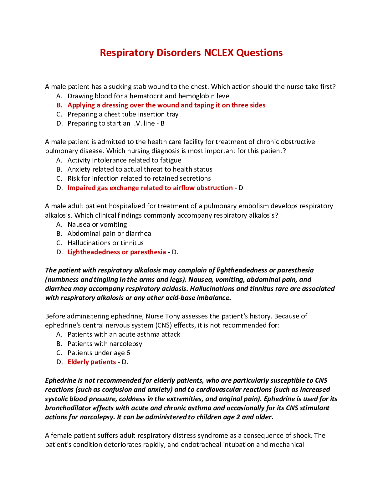 Respiratory Disorders NCLEX Questions with rationales - Scholarfriends