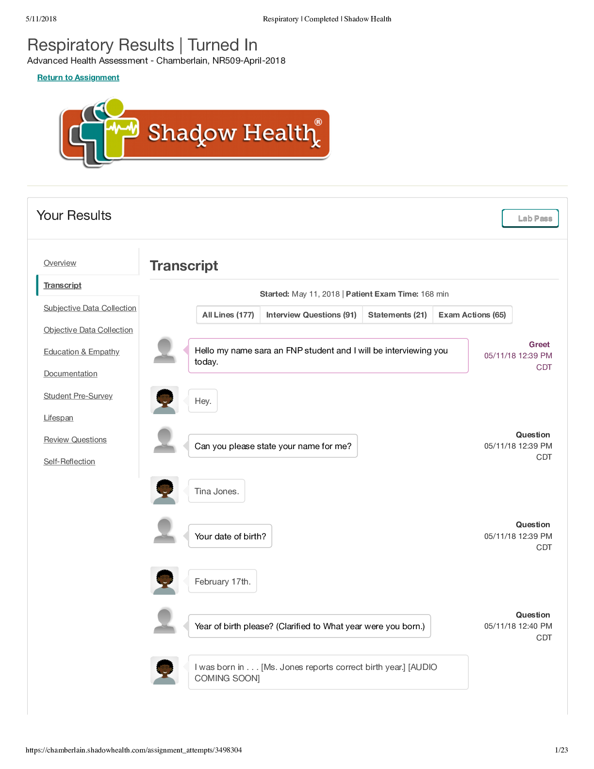 Preview image for NR 509 Week 2 Respiratory Assessment (Tina Jones) GRADED A