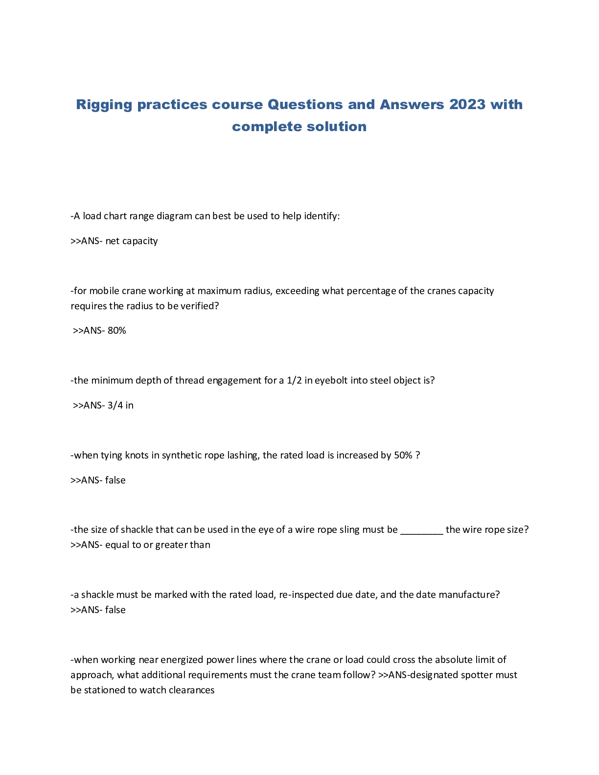 Rigging practices course Questions and Answers 2023 with complete ...