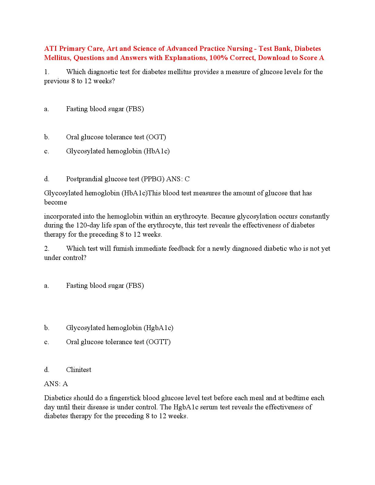 Preview of Diabetes Mellitus, ATI Primary Care, Art and Science of Advanced Practice Nursing - Test Bank,