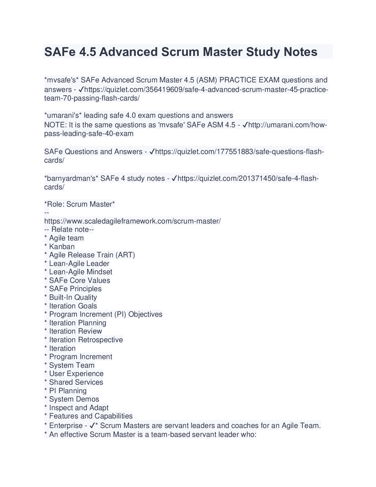 SAFe 4.5 Advanced Scrum Master Study Notes Latest Update With Complete ...