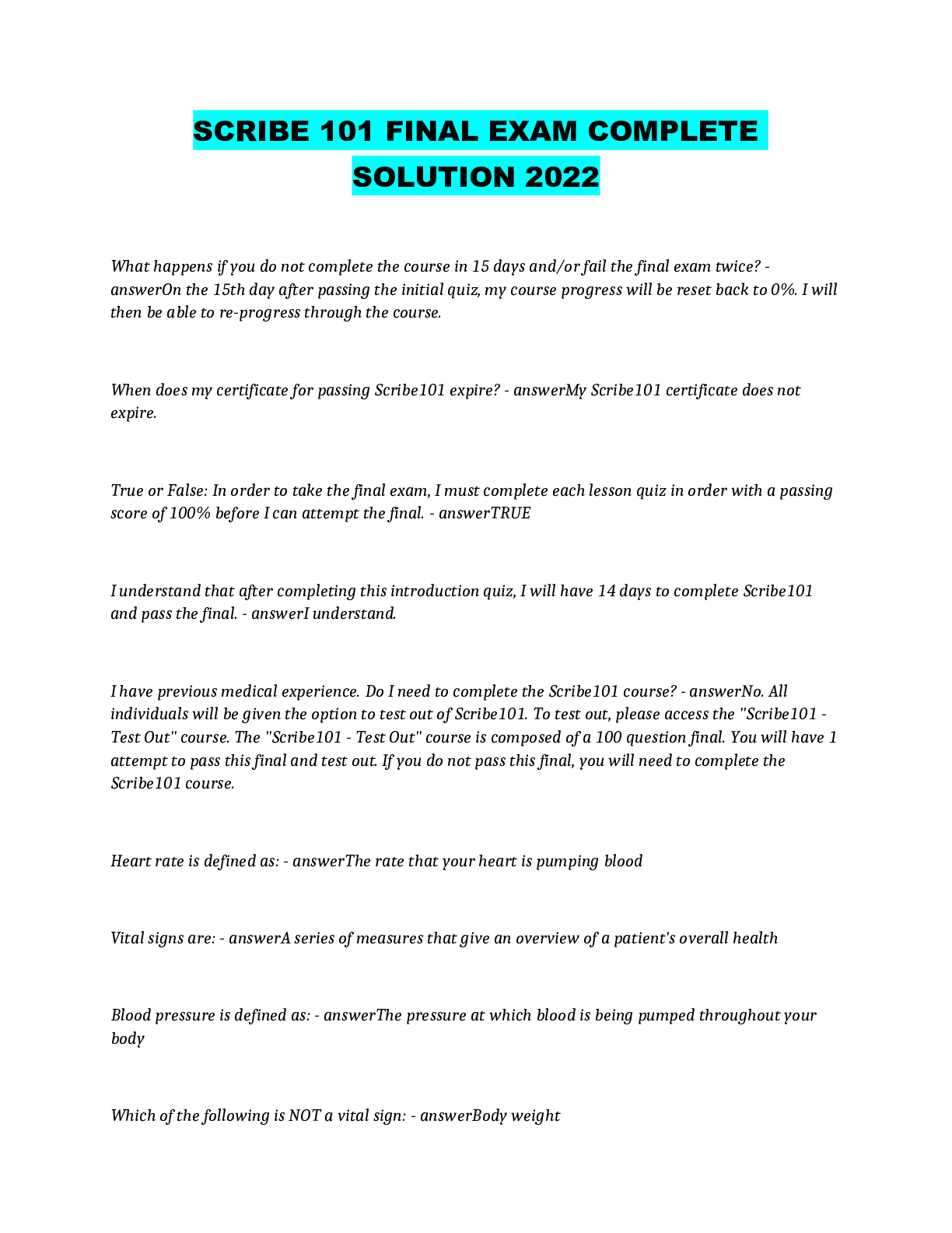 SCRIBE 101 FINAL EXAM COMPLETE SOLUTION 2022 | ScholarFriends