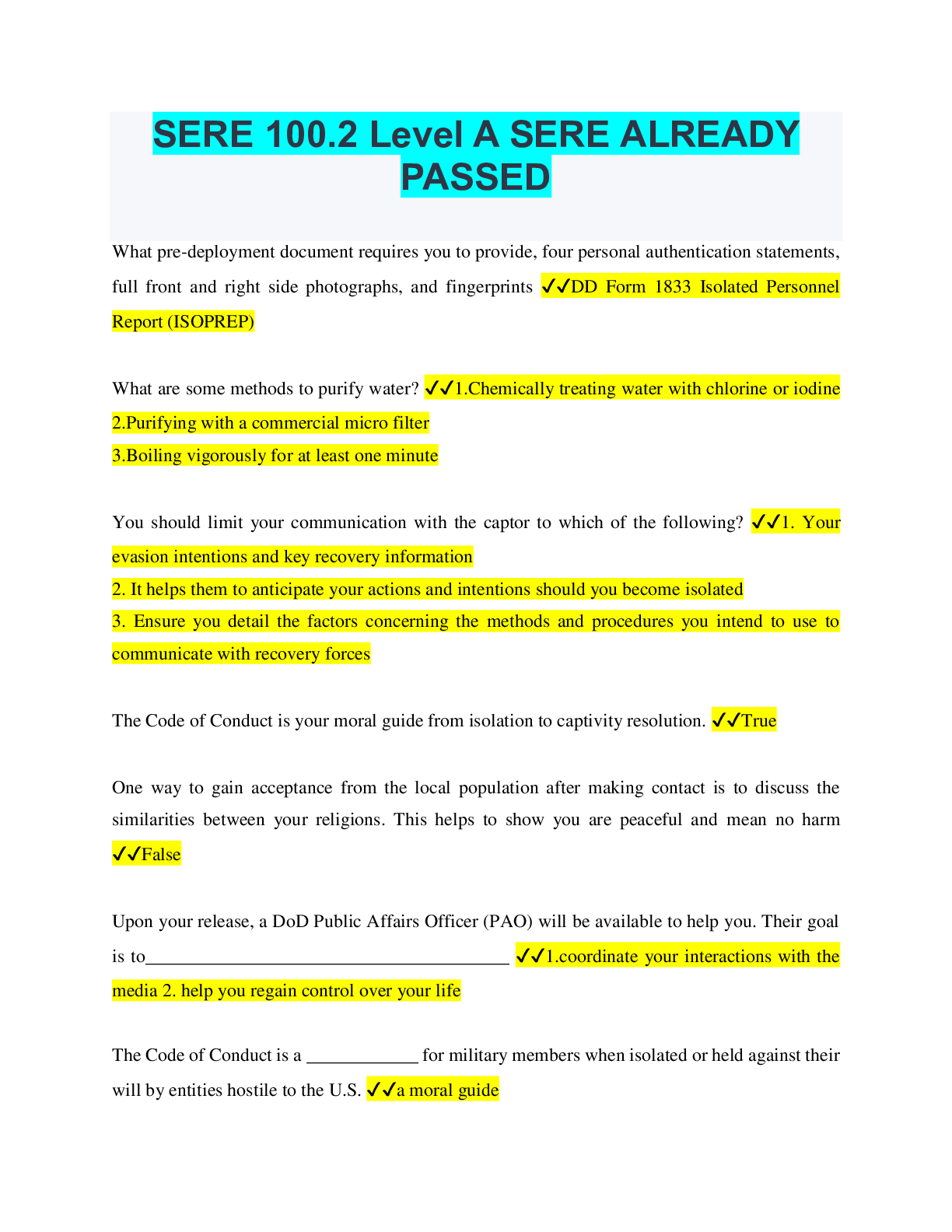SERE 100.2 Level A SERE ALREADY PASSED | ScholarFriends