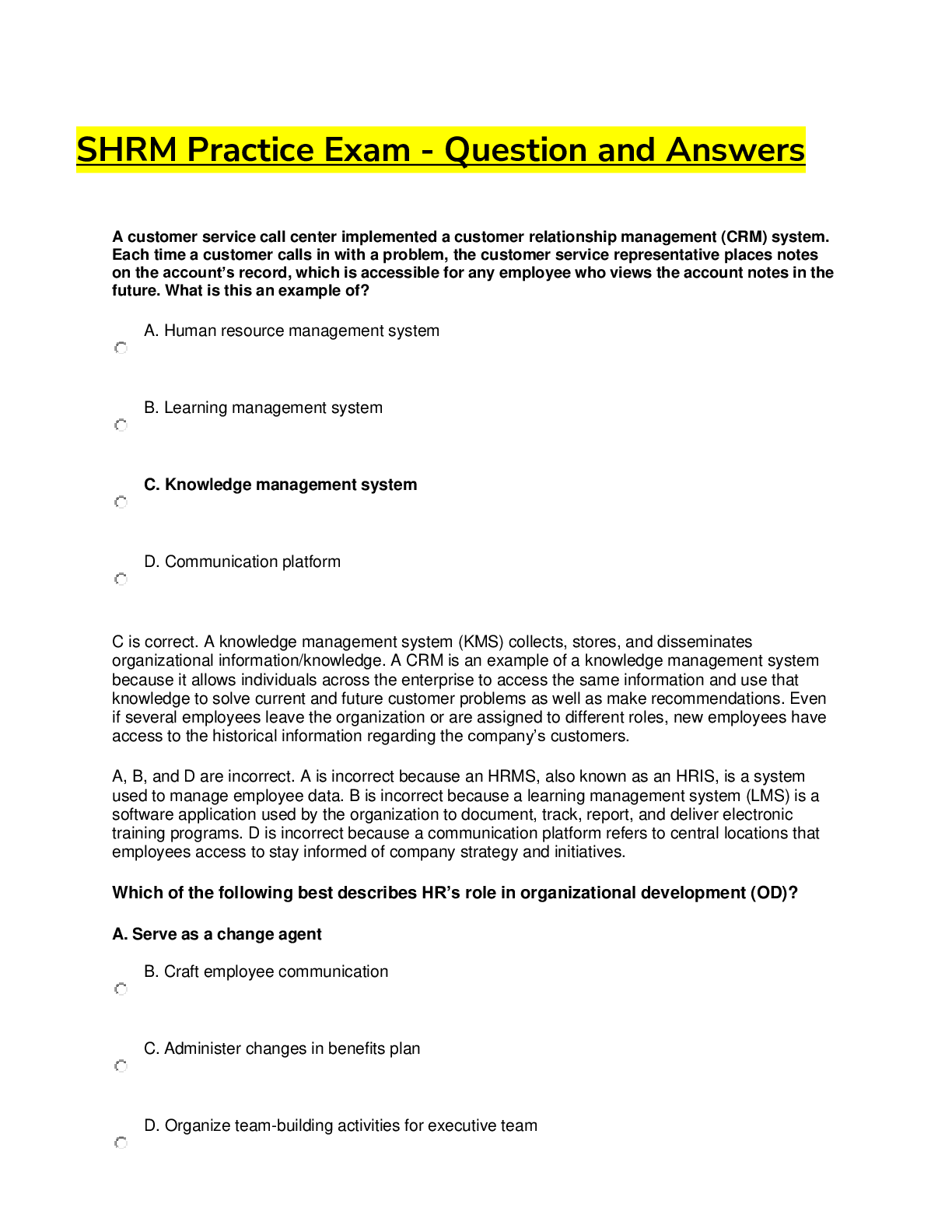 Preview image of SHRM Practice Exam - Question and Answers document