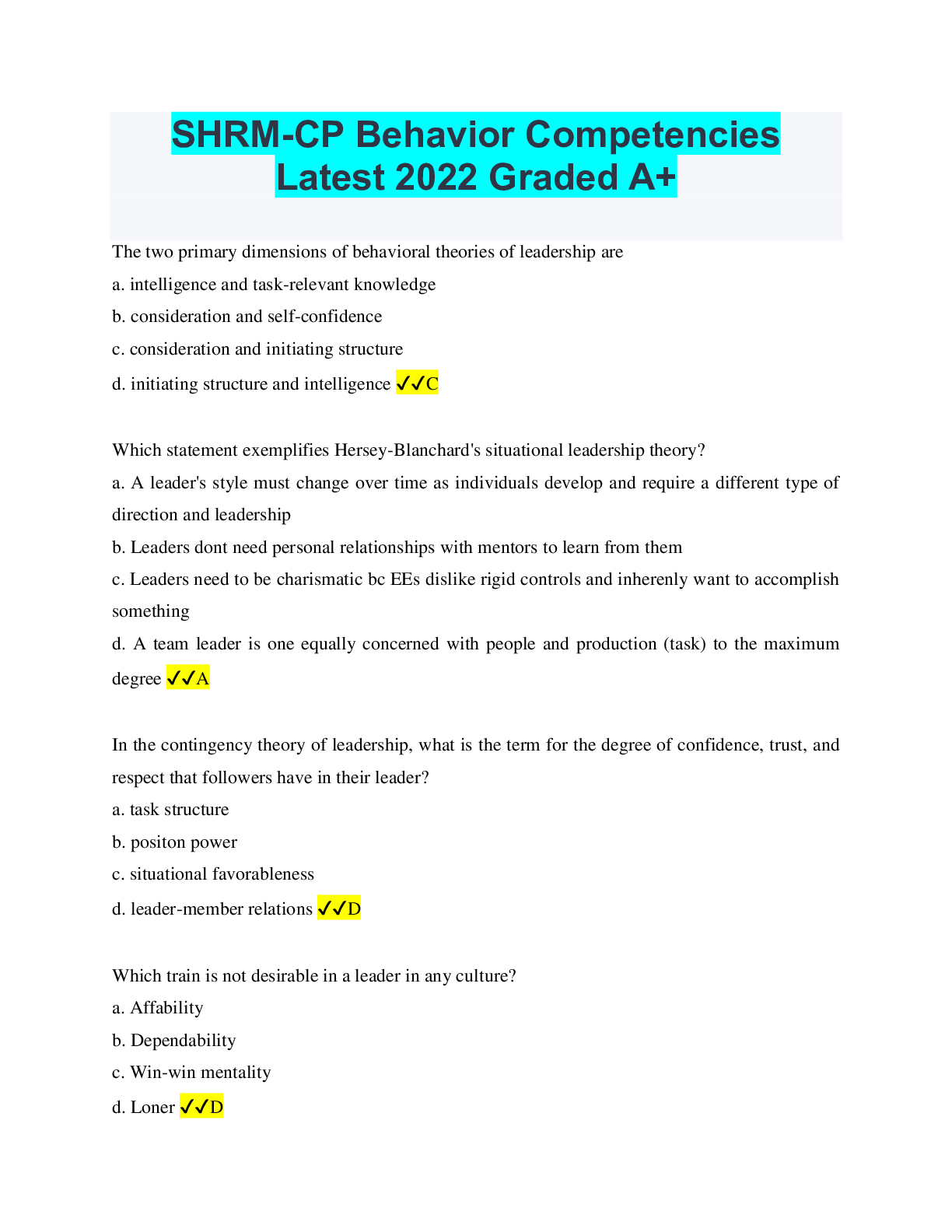 SHRM-CP Behavior Competencies Latest 2022 Graded A+ - Scholarfriends