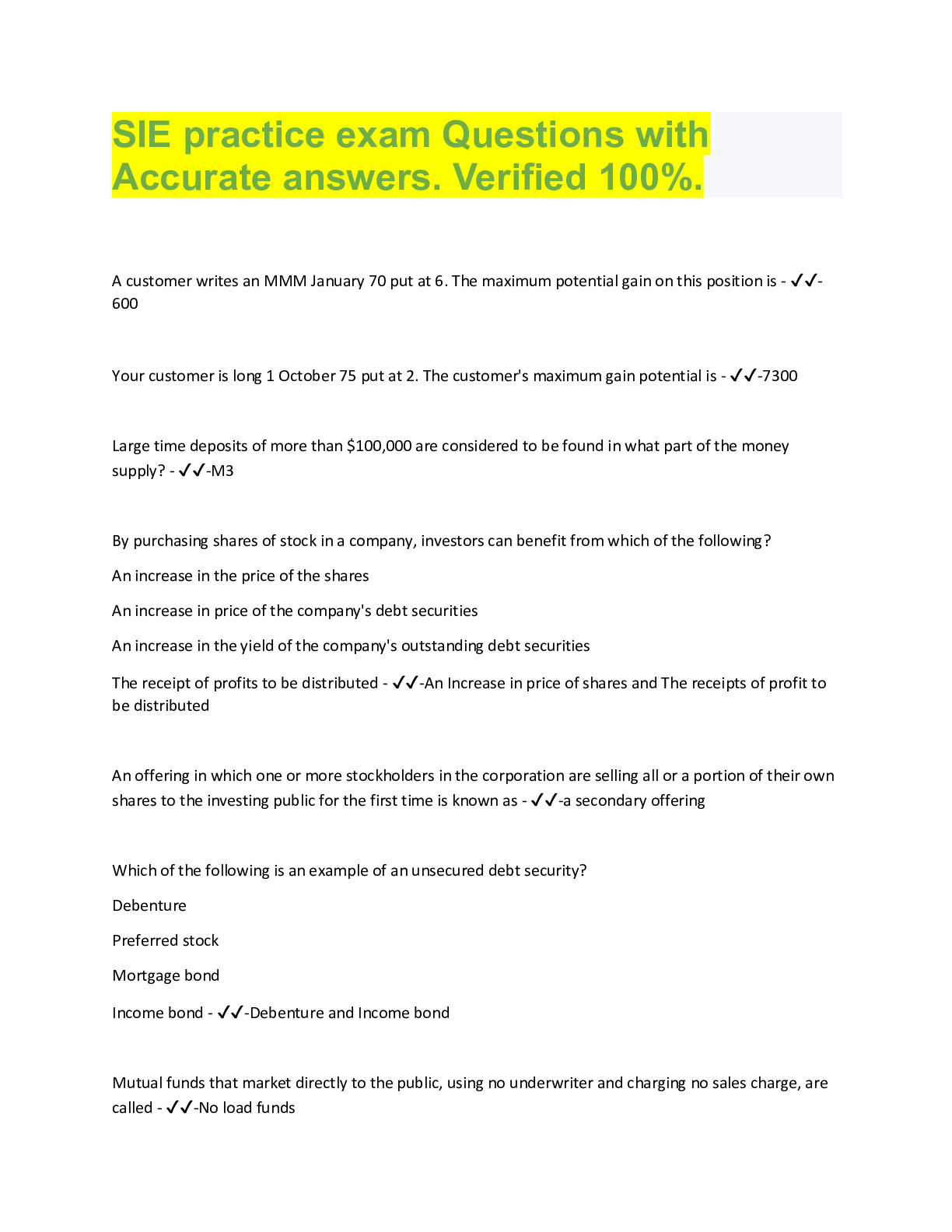 SIE practice exam Questions with Accurate answers. Verified 100% ...