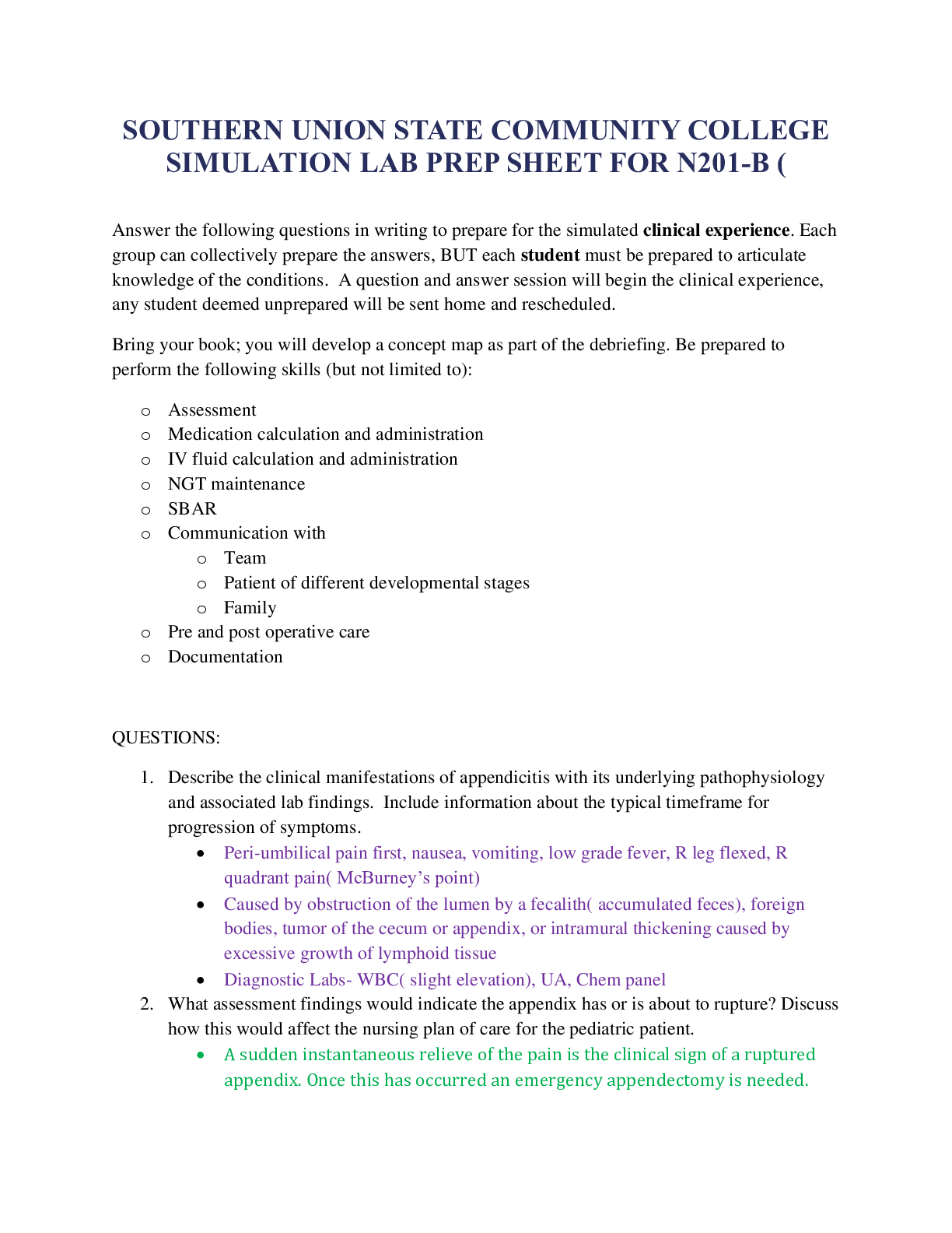 Preview image for SOUTHERN UNION STATE COMMUNITY COLLEGE SIMULATION LAB PREP SHEET FOR N201-B