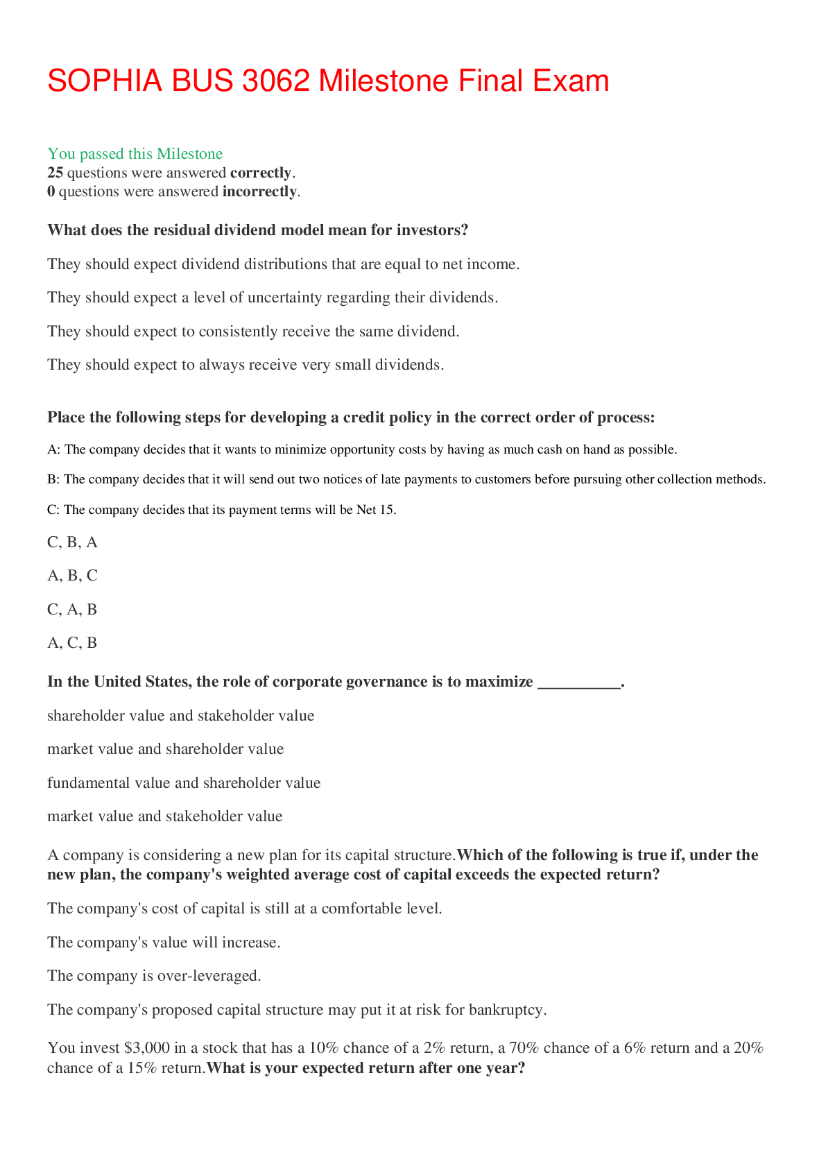 Preview image of SOPHIA BUS 3062 Milestone Final Exam,100% CORRECT document