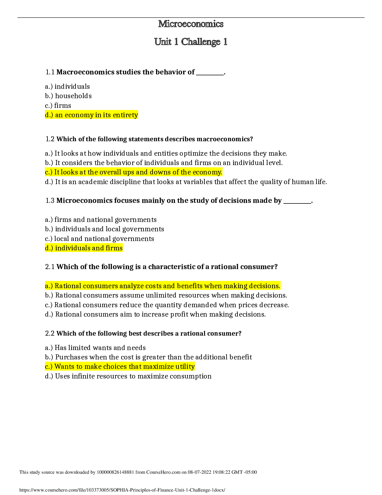Preview image for FIN 320 SOPHIA Principles of Finance Unit 1 Challenge 1 Microeconomics Exam