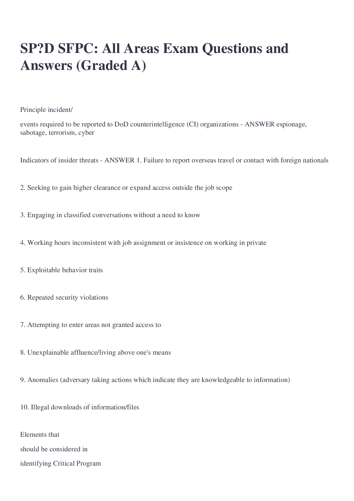 Preview image for SPēD SFPC: All Areas Exam Questions and Answers (Graded A)