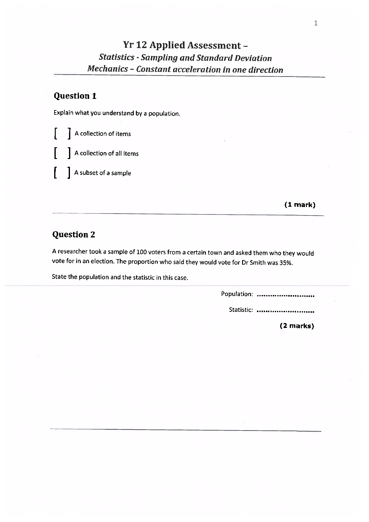 Preview image for Imperial CollegeSTATS 110STUDENT - Yr12 AppliedTest May 2021.