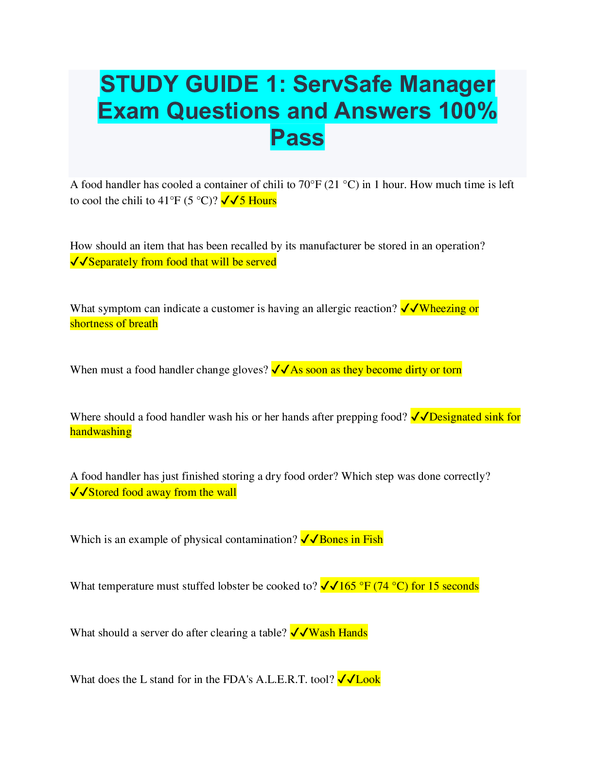 STUDY GUIDE 1: ServSafe Manager Exam Questions and Answers 100% Pass ...