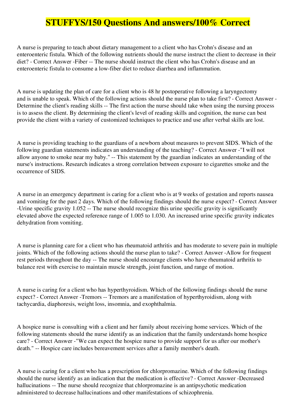 Preview image for STUFFYS/150 Questions And answers/100% Correct