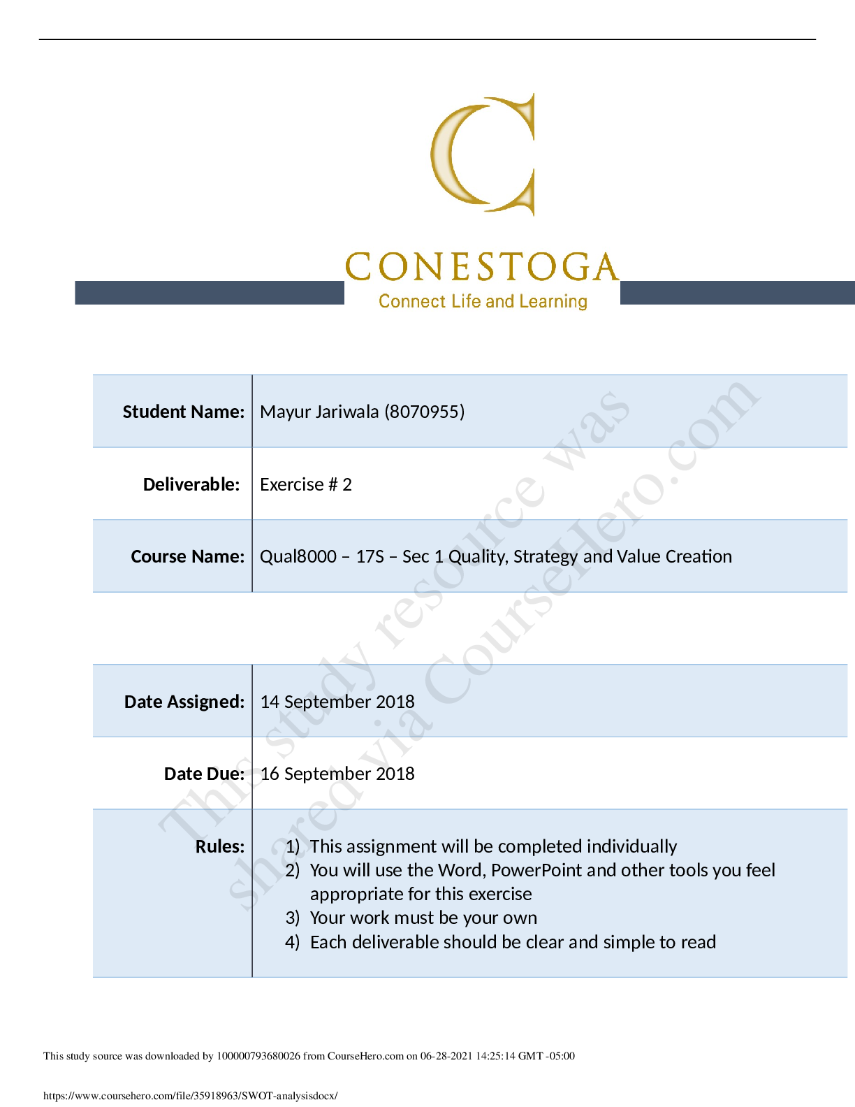 Preview image of Conestoga College ECON 201SWOT analysis document