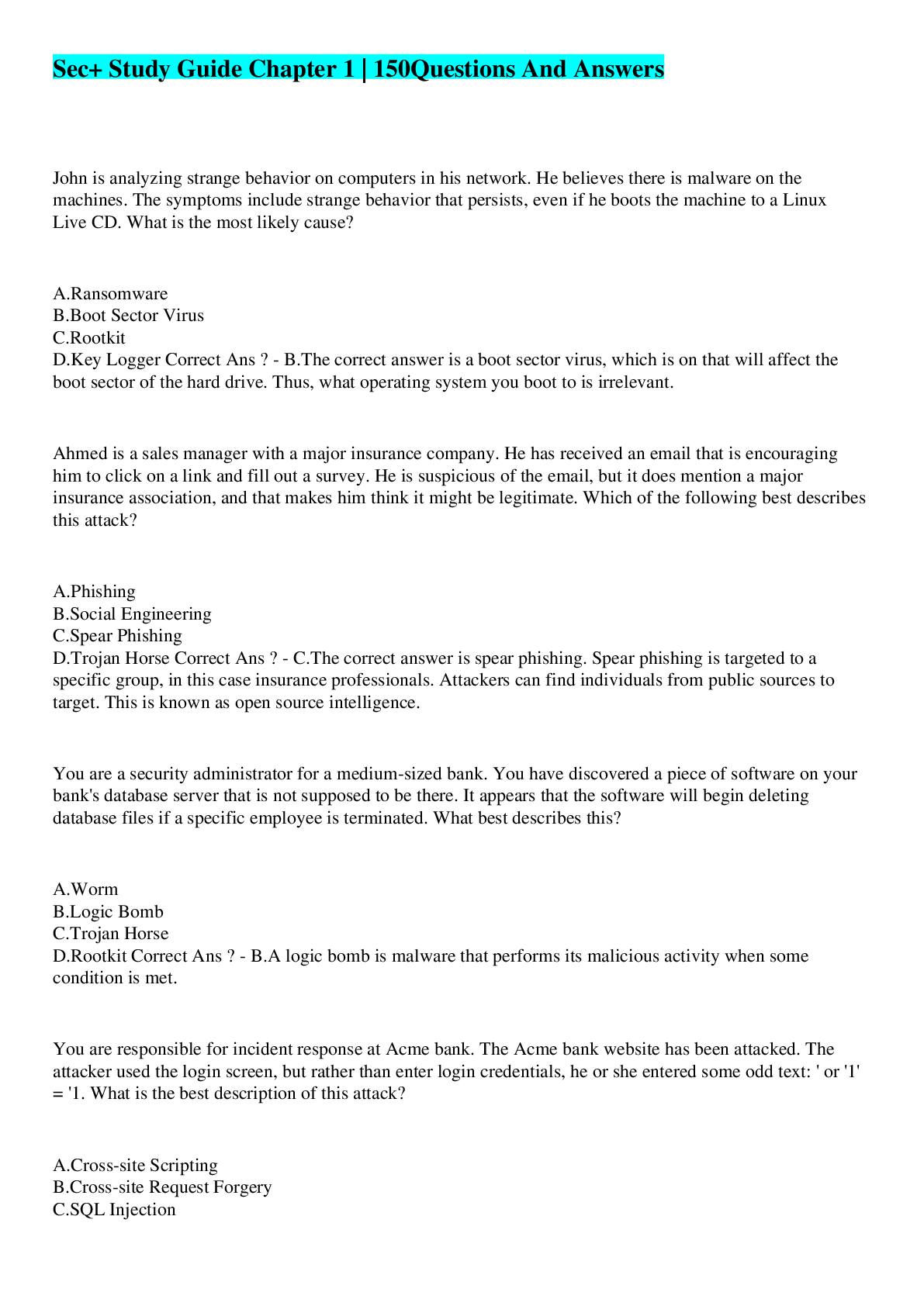 Preview image of Sec+ Study Guide Chapter 1 | 150 Questions And Answers document