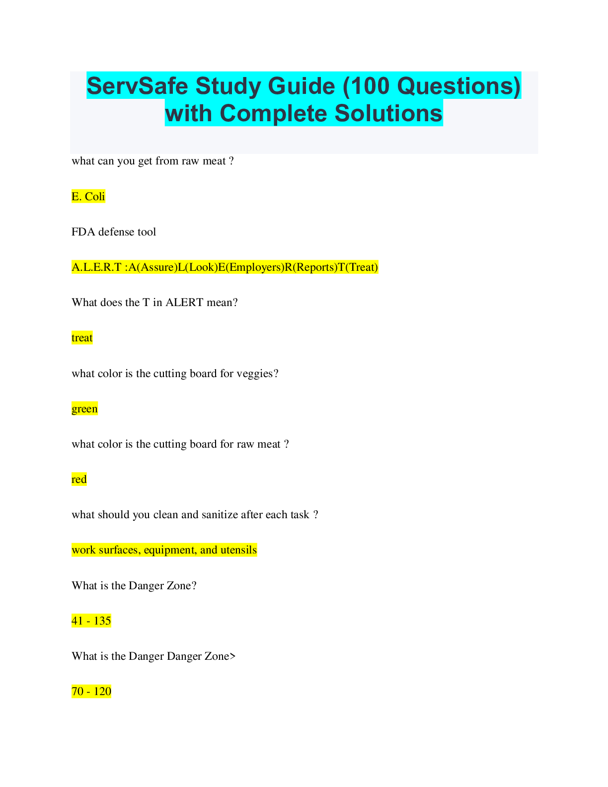 ServSafe Study Guide (100 Questions) with Complete Solutions ...