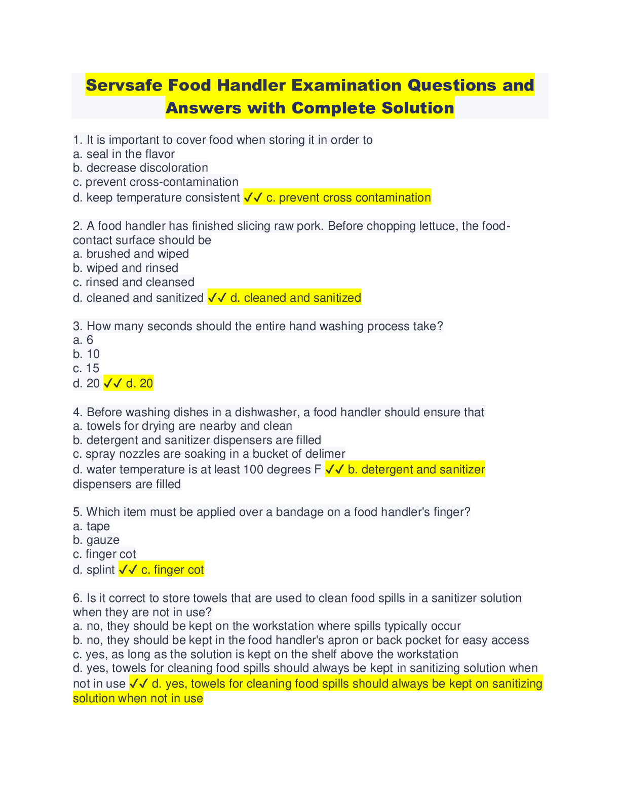 Servsafe Food Handler Examination Questions and Answers with Complet ...