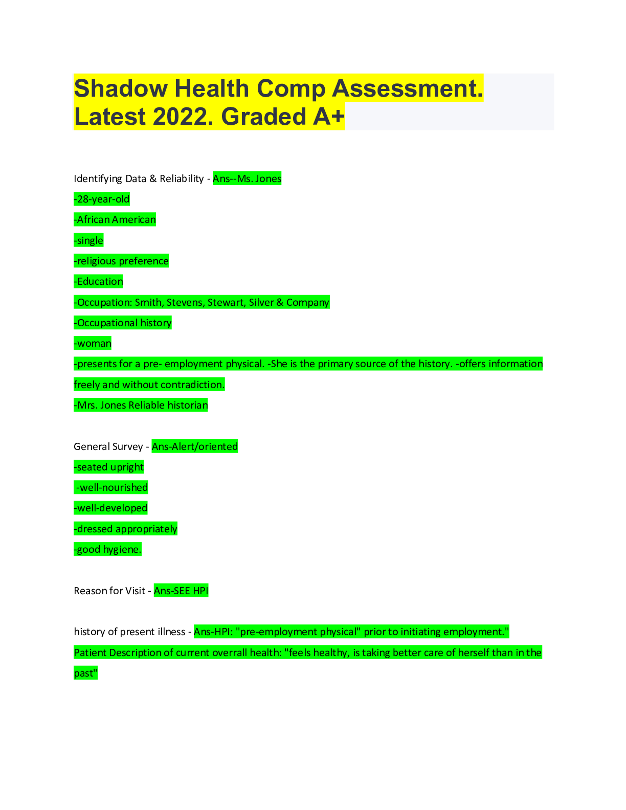 Shadow Health Comp Assessment. Latest 2022. Graded A+ - Scholarfriends