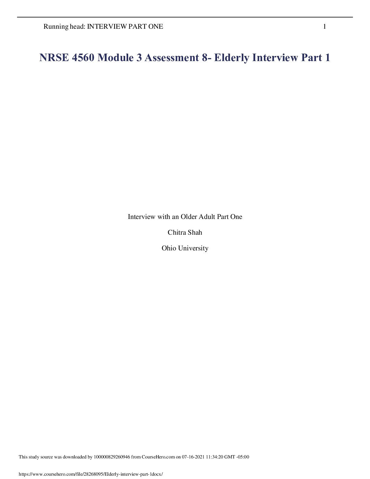 Preview image of NRSE 4560 Module 3 Assessment 8- Elderly Interview Part 1 document