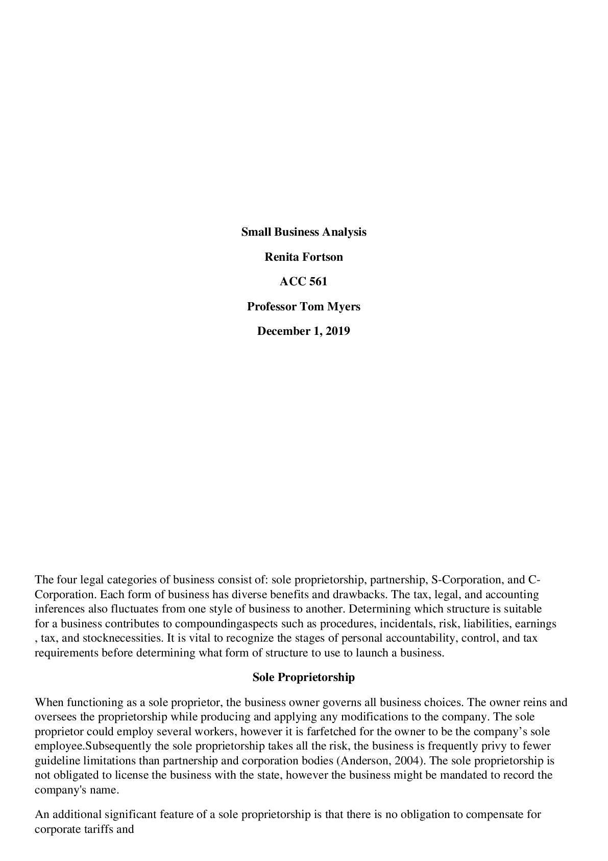 Preview of University of Phoenix ACC 561 Small Business Analysis / ACC561 Small Business Analysis